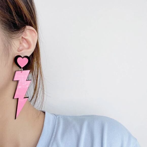 Pink & Black Lightning Bolt Acrylic Earrings with Heart Top - Picture 3 of 9